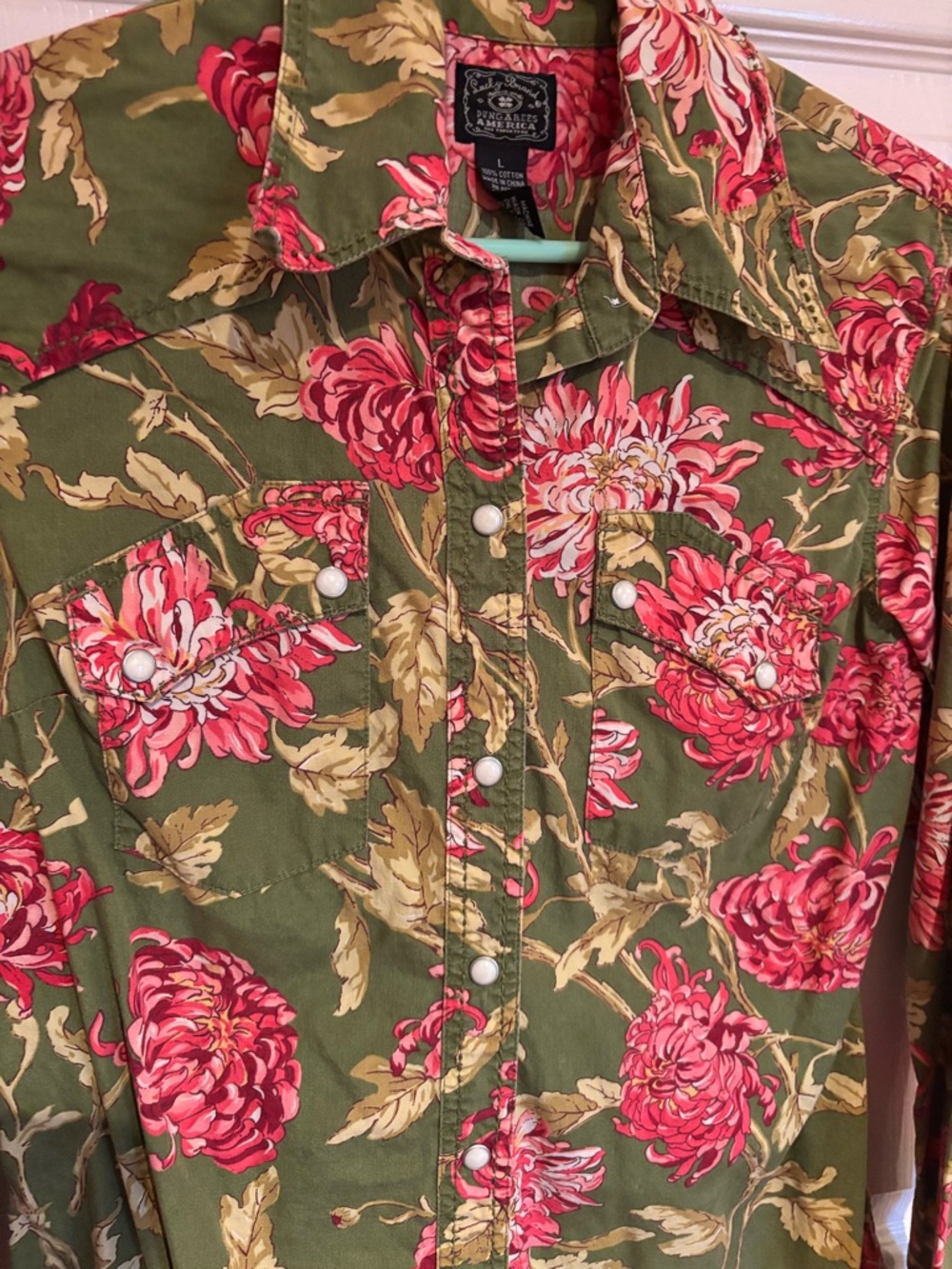 Lucky Brand Olive Green Button-Down Shirt with Pink Floral Print